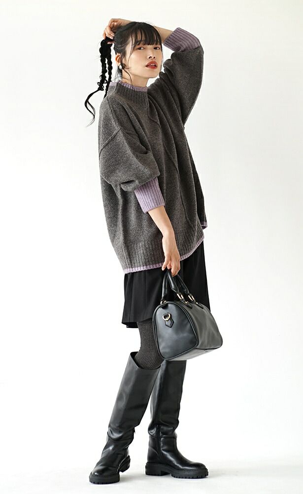 日本 zootie - 滾邊撞色落肩針織毛衣-淺灰