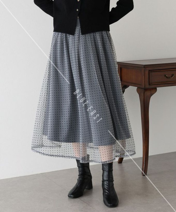 日本 BLUE EAST - 華麗雙層薄紗魅力長裙(可選長度)-格紋-黑