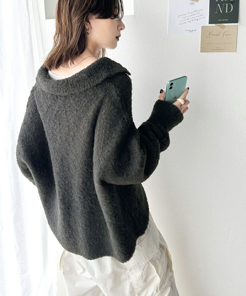 日本 Classical Elf - 毛茸茸排扣翻領寬鬆毛衣-深灰