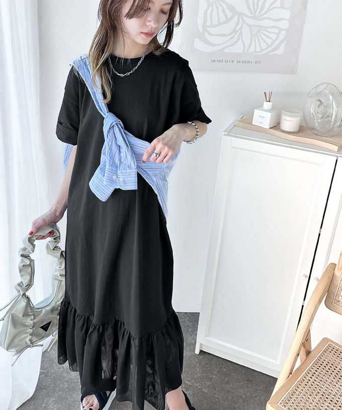 日本 Classical Elf - 飄逸下擺薄紗休閒短袖洋裝-黑