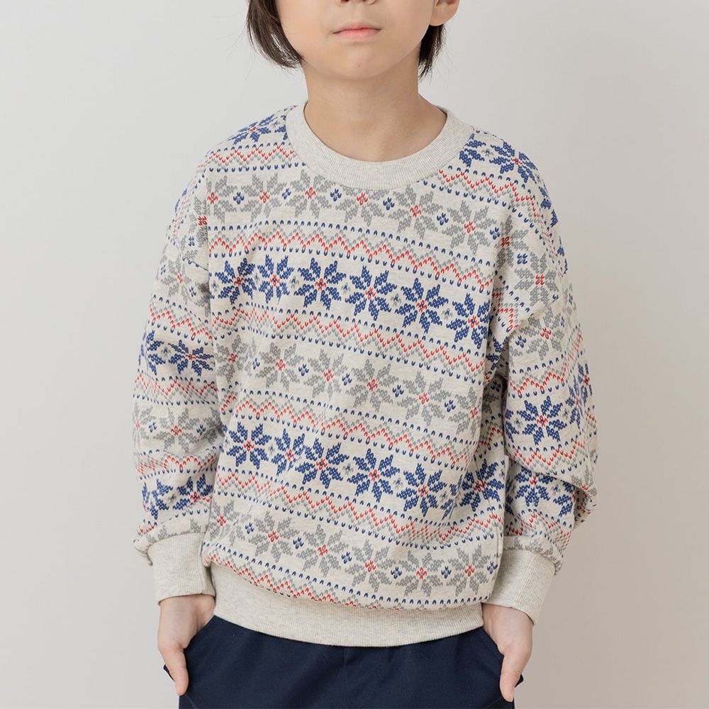 100%棉 北歐風印花裏毛長袖上衣-雪花-海軍藍