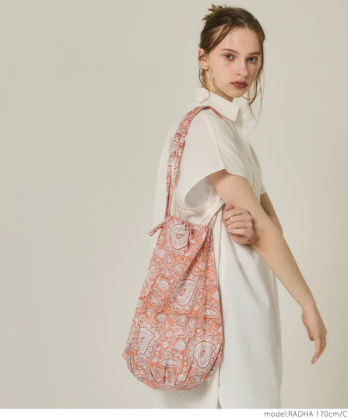 日本 COCA - 100%印度棉木刻版印刷抽繩托特包/購物袋-粉紫