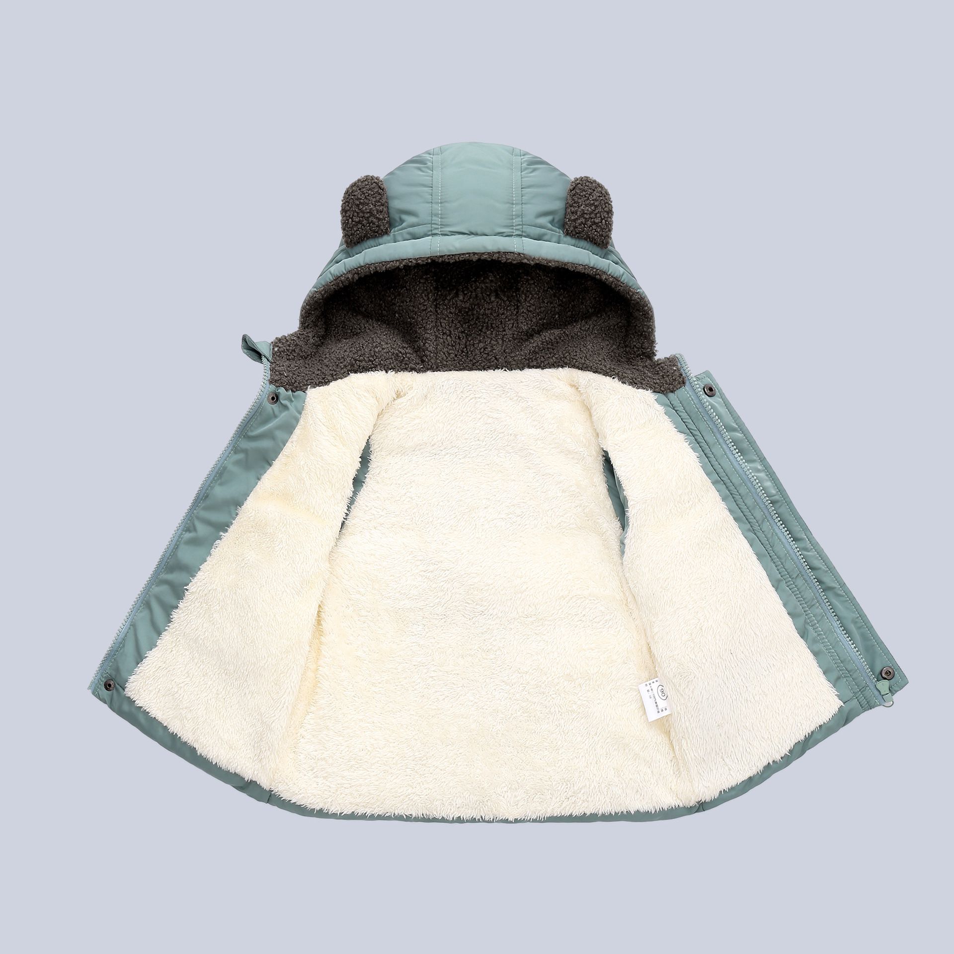 WELLKIDS - 加絨造型暖暖連帽背心-熊熊耳朵-灰綠色
