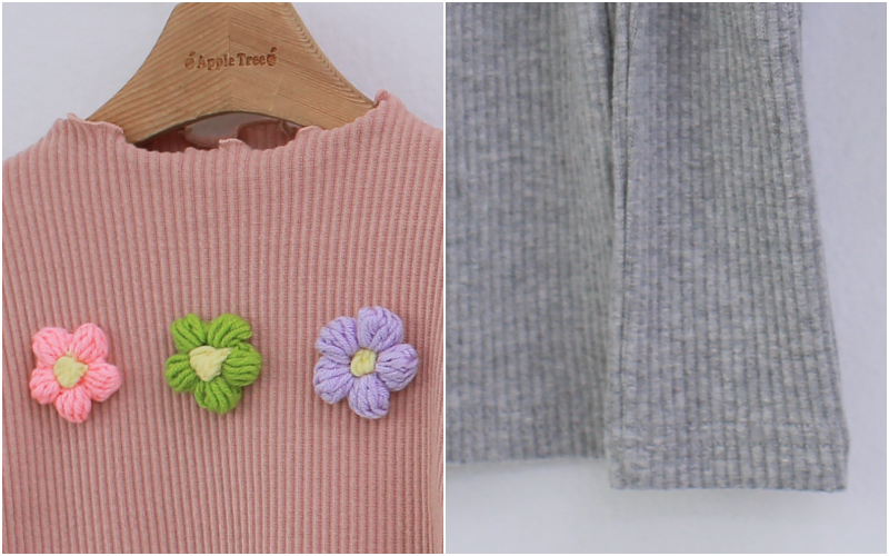 韓國 Coco rabbit - 立體花花卷卷領公主袖針織T-灰