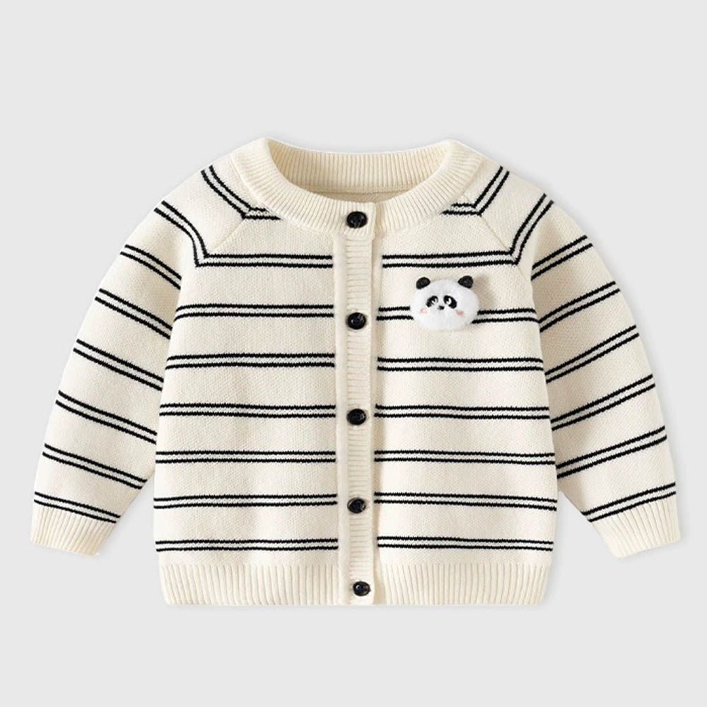 純棉圓領針織排釦外套-立體熊貓-黑白條紋