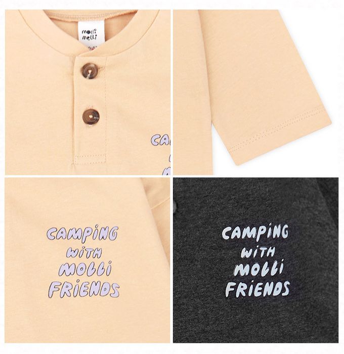 韓國 mollimelli - 文字點綴圓領鈕扣長袖上衣-深灰