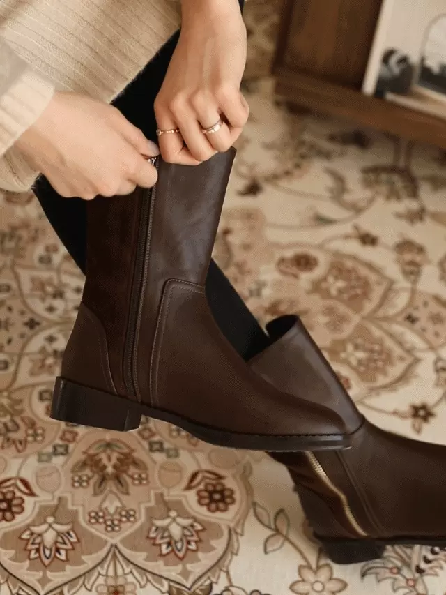 韓國 PINKELEPHANT - 外側拉鍊異材質拼接感半筒皮靴(3.5cm)-裏毛-黑