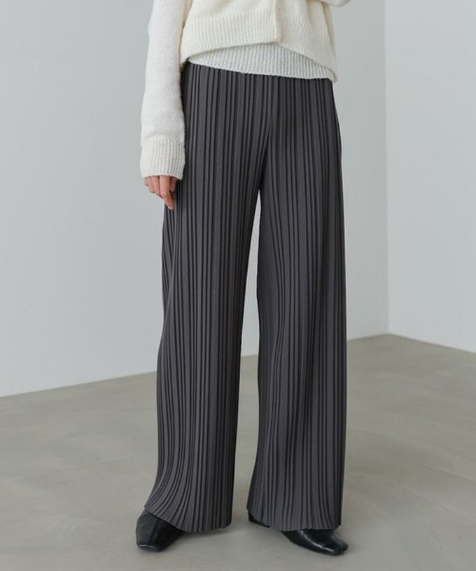 日本 Bab - 光澤修身細百褶舒適長褲-炭灰