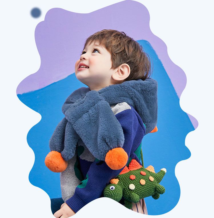 韓國lemonkid - 超萌卡通毛绒一體帽-靛藍恐龍