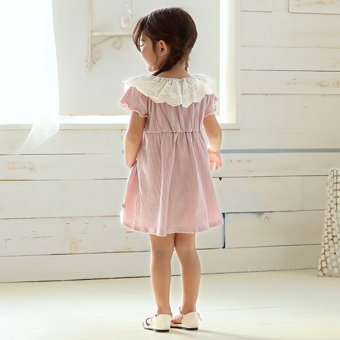 日本 ZOOLAND - 清爽楊柳 蕾絲領木耳短袖洋裝-粉紅