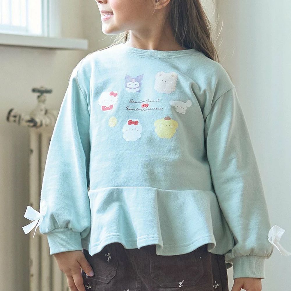 聯名款 可愛荷葉邊印花長袖上衣-卡通人物三麗鷗-薄荷綠