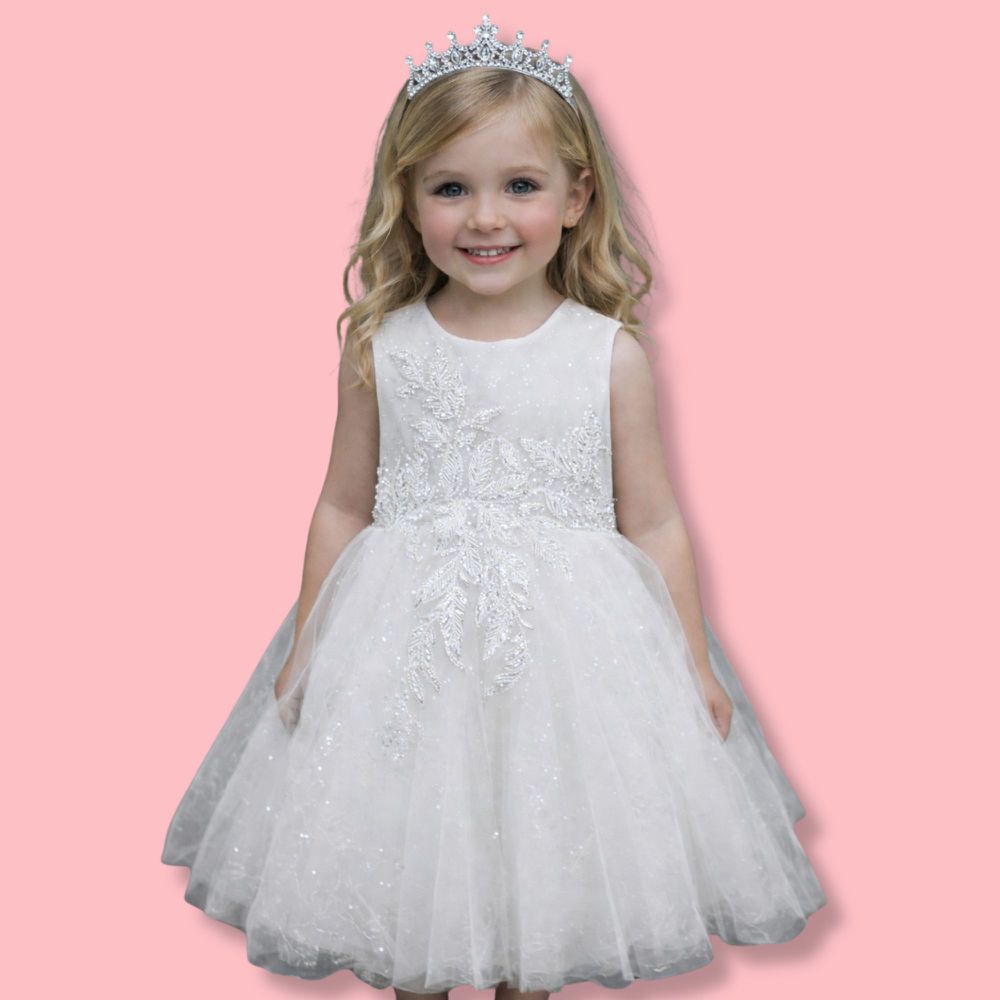 重手工高訂婚紗繡珠片蓬蓬白紗無袖小禮服-白色