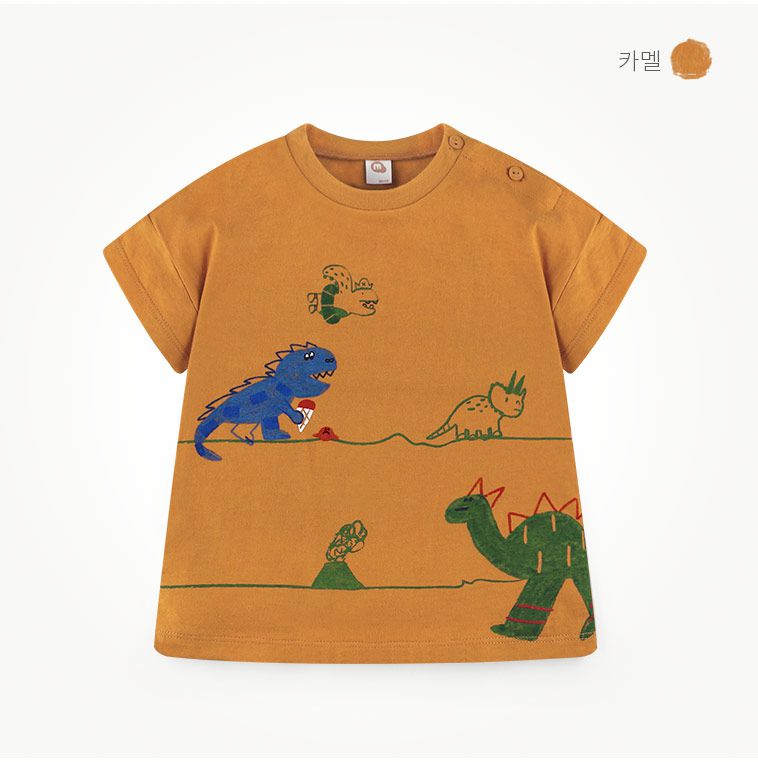 韓國 milk mile - 恐龍散步純棉T-象牙白