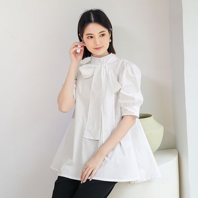 Yukié - 優雅小立領燈籠袖上衣-蝴蝶結-白色 (F)