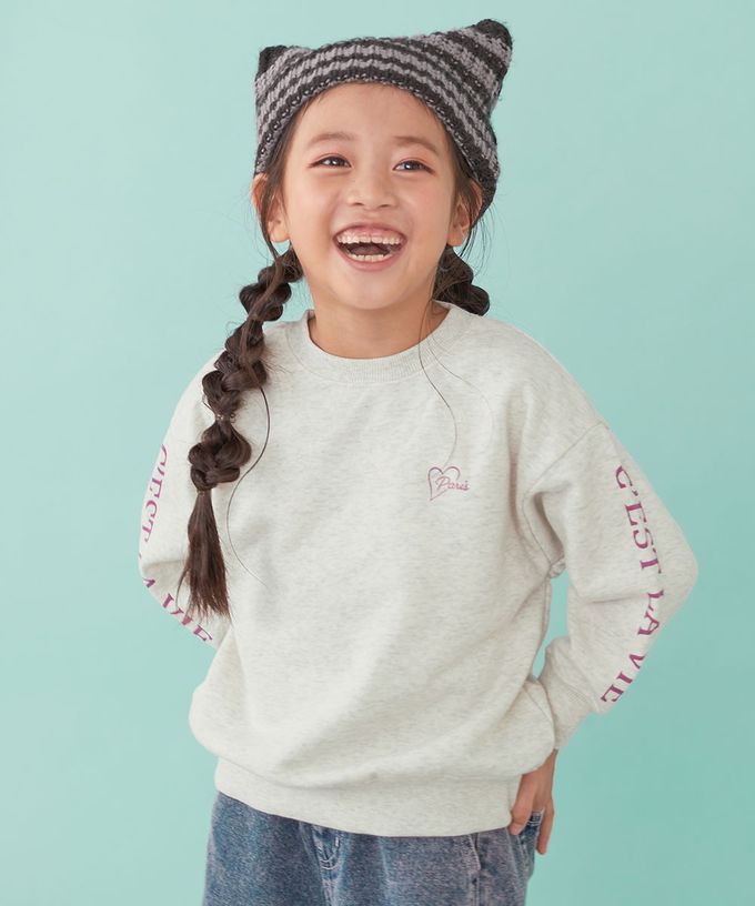 日本 devirock - 熱銷定番 女孩印花縮口長袖上衣-花朵-灰黑