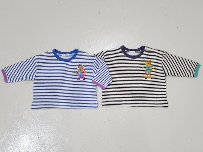 韓國 Mimico - 條紋圓領長袖上衣-花豹滑板-黑灰