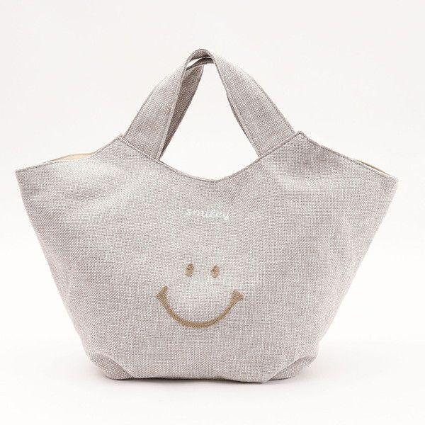 日本 COOCO - 微笑刺繡大容量手提包-淺灰 (21x25x12.5cm)
