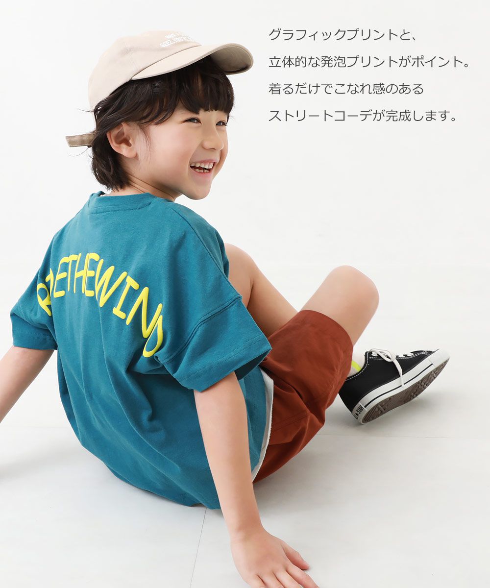 日本 devirock - 背後標語印花落肩短袖上衣-白底藍字