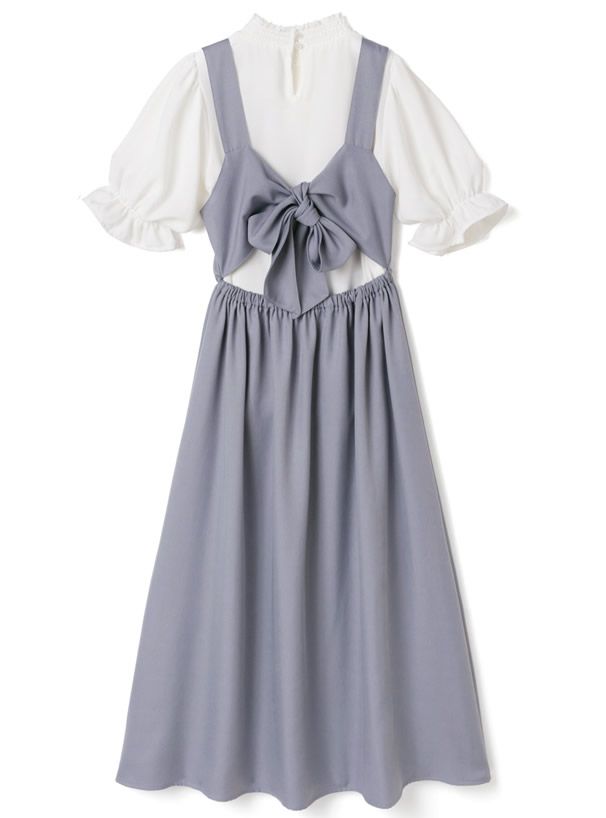 日本 GRL - 美背後綁帶蝴蝶結吊帶裙x五分袖上衣套裝-天空藍