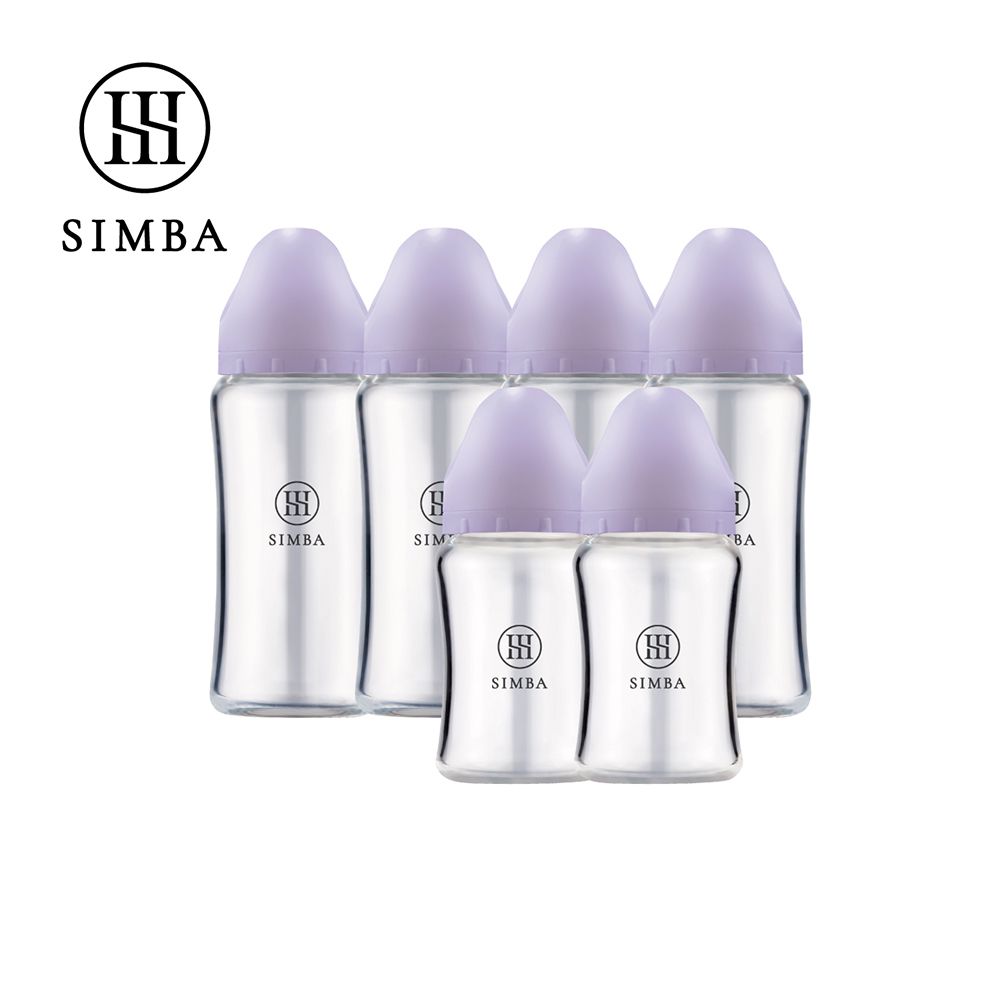 蘊蜜質金玻璃寬口防脹氣奶瓶4大2小全配組-新生適用-紫芙