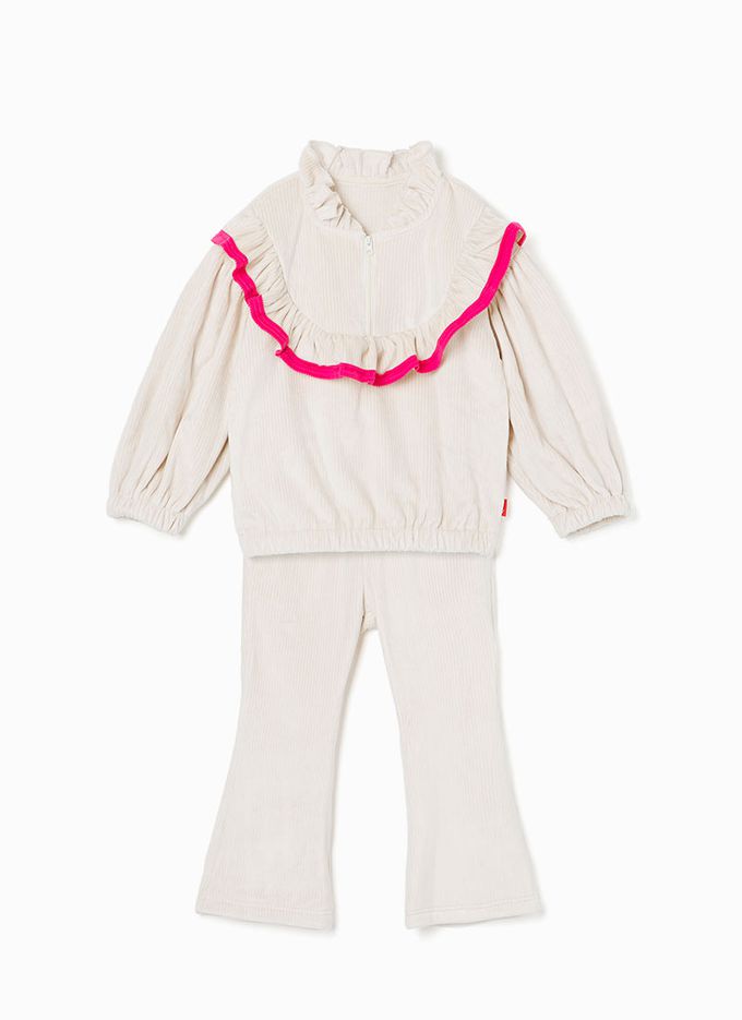 韓國 OZKIZ - 荷葉滾邊小喇叭褲保暖套裝-杏