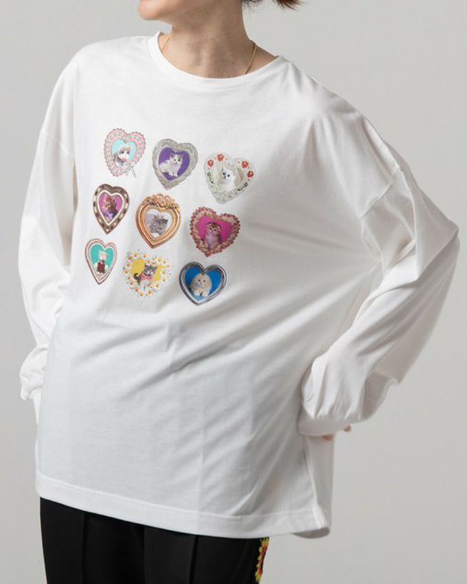 日本 gleam - 可愛貓咪相框寬版長袖T恤-白