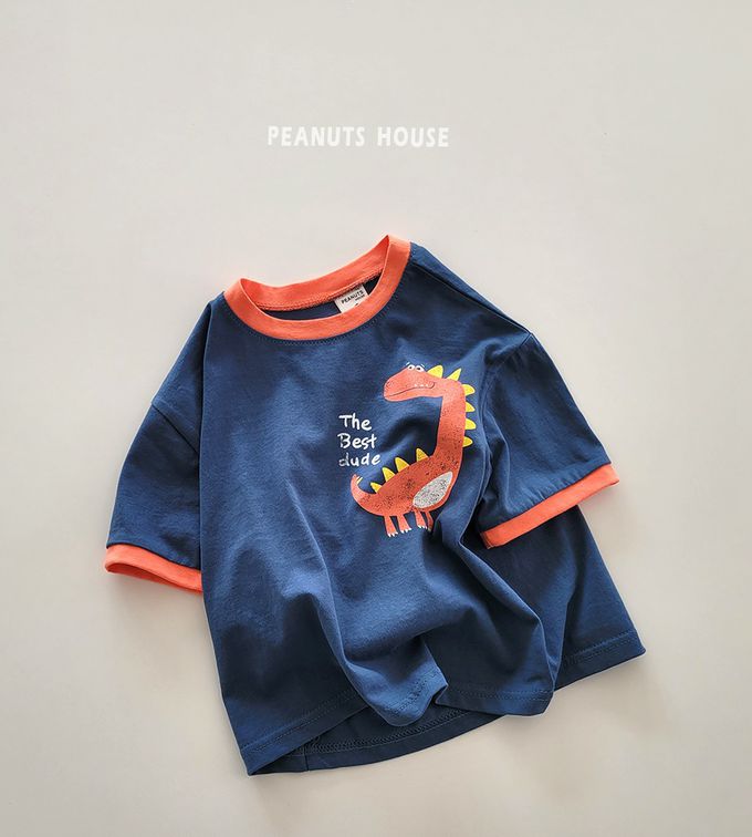 韓國 Peanuts House - 純棉印花圓領短袖上衣-橘恐龍-深藍