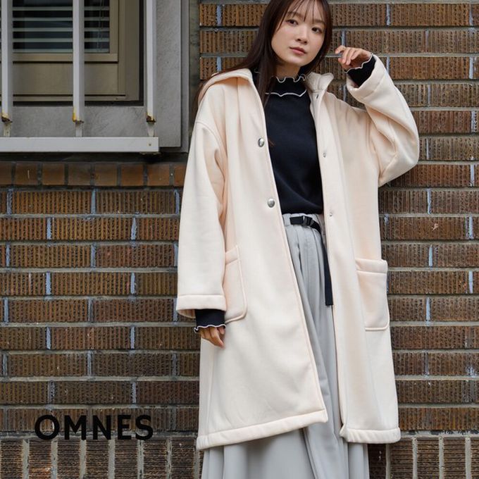 日本 OMNES - 溫暖內抓絨休閒長版連帽外套-象牙
