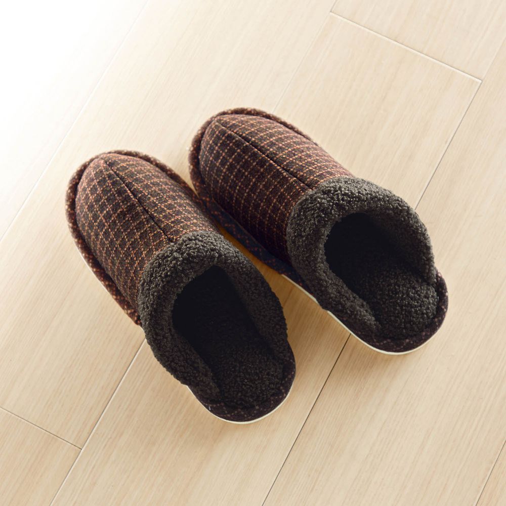 日本千趣會 - 毛絨包覆型室內拖鞋-格子-深咖啡墨綠