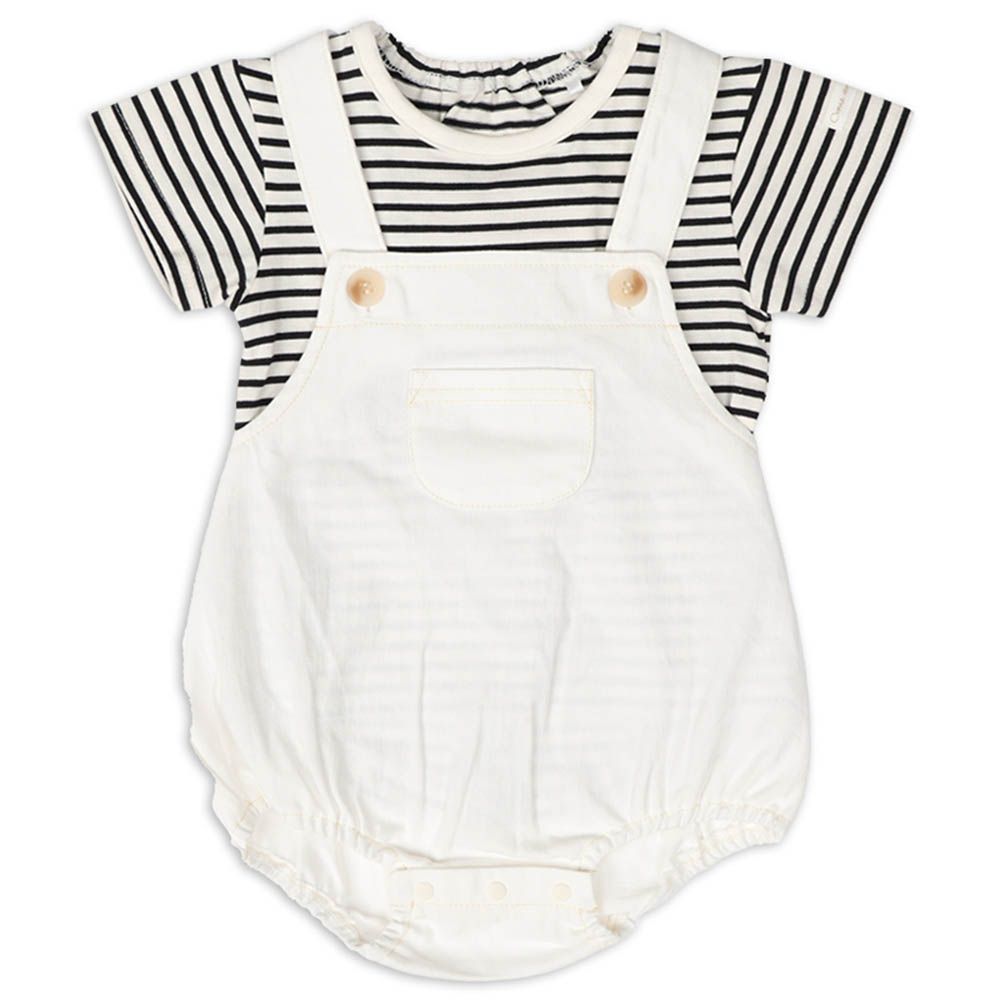 吊帶褲+短袖T恤組-米白色