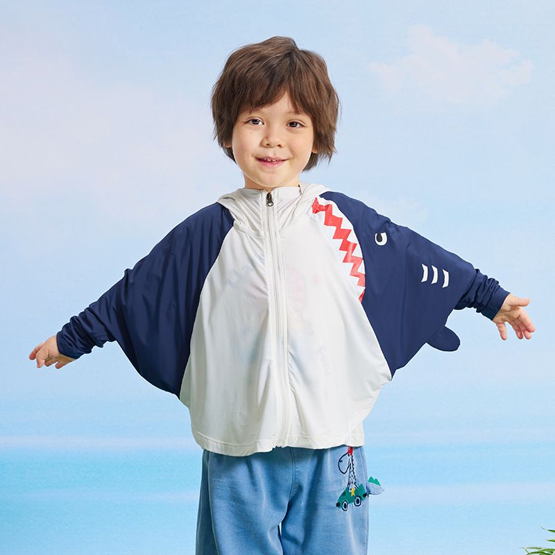 立體造型涼感連帽防曬外套/空調外套-鯊魚-藍+白