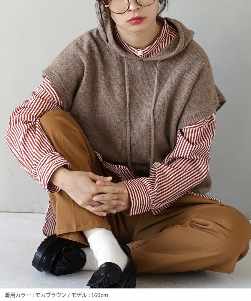 日本 zootie - 多層次穿搭 連帽針織短袖背心-摩卡 (M)