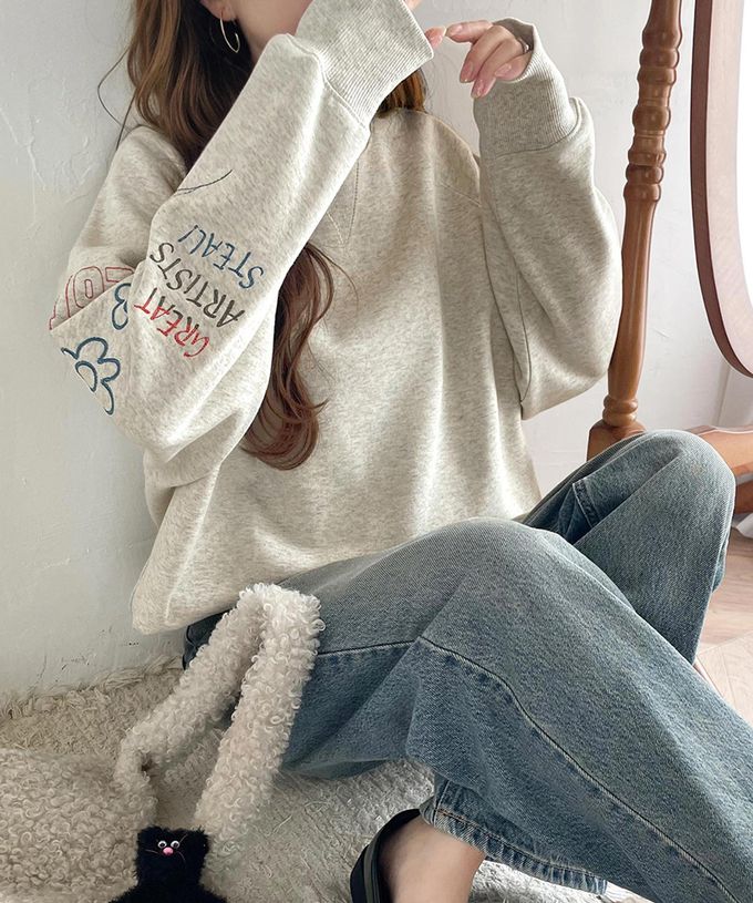 日本 Classical Elf - 俏皮塗鴉裏起毛長袖上衣-米灰