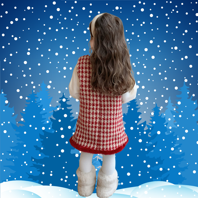 法式小淑女千鳥格毛呢背心洋裝配貝雷帽 女童洋裝 紅色