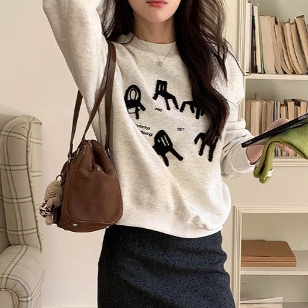 長袖大學T-椅子毛巾繡-麻白 (F)