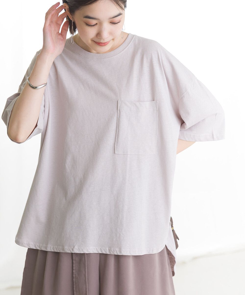 日本 OMNES - 棉麻簡約透氣短袖上衣-淺紫
