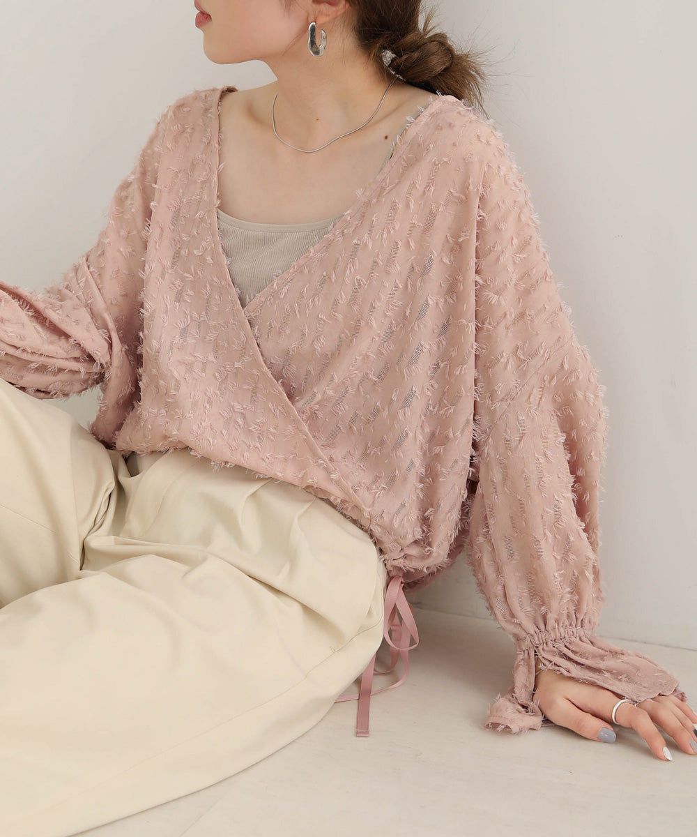 日本 Bab - 2WAY透感抽鬚糖果袖上衣-淺粉