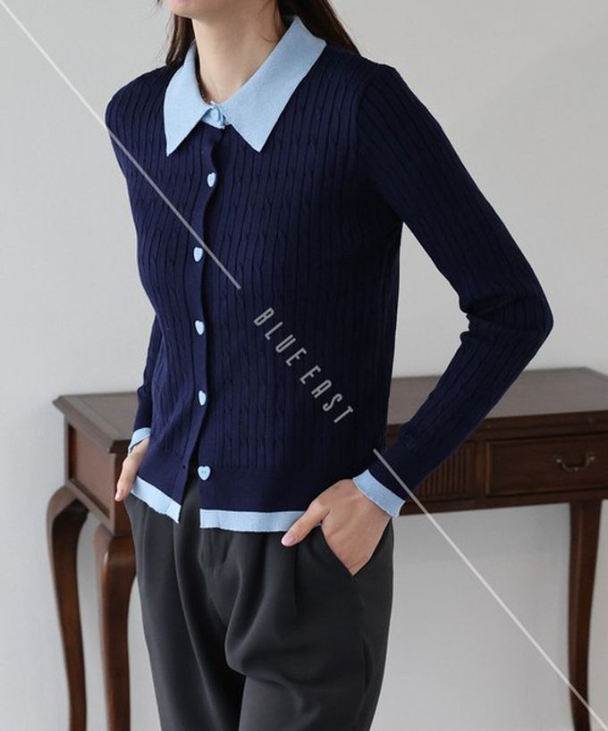 日本 BLUE EAST - 愛心扣雙色polp領麻花開襟衫-灰