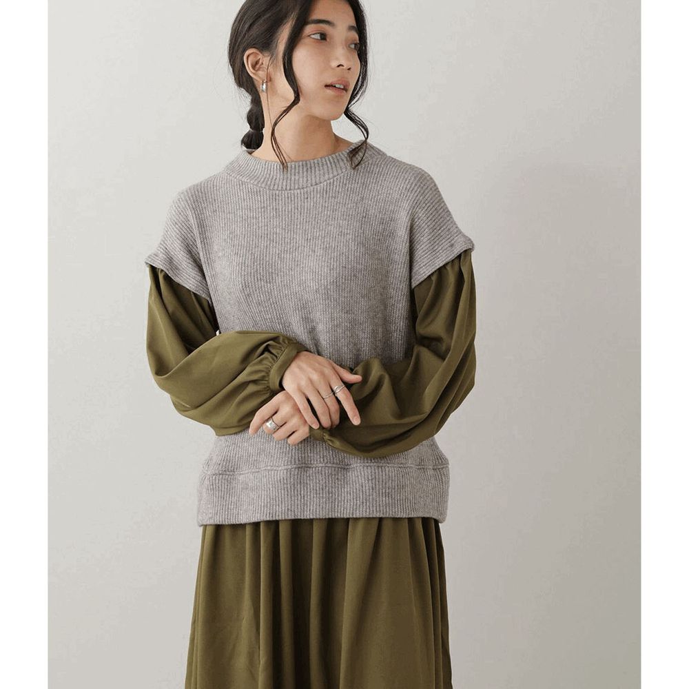 日本 Bou Jeloud - 針織背心假兩件拼接長袖寬鬆洋裝-灰