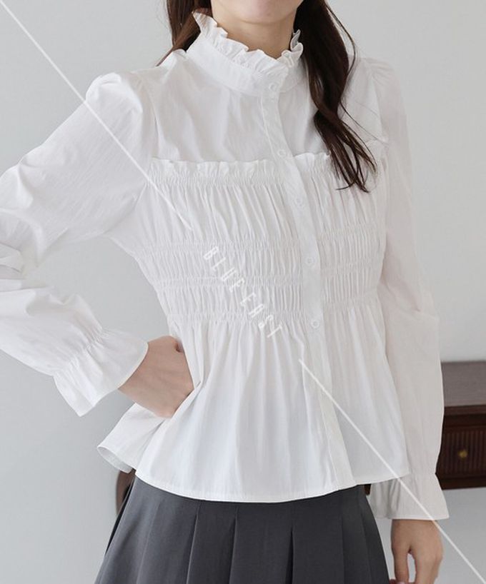 日本 BLUE EAST - 小立領荷葉皺摺束腰長袖襯衫-白