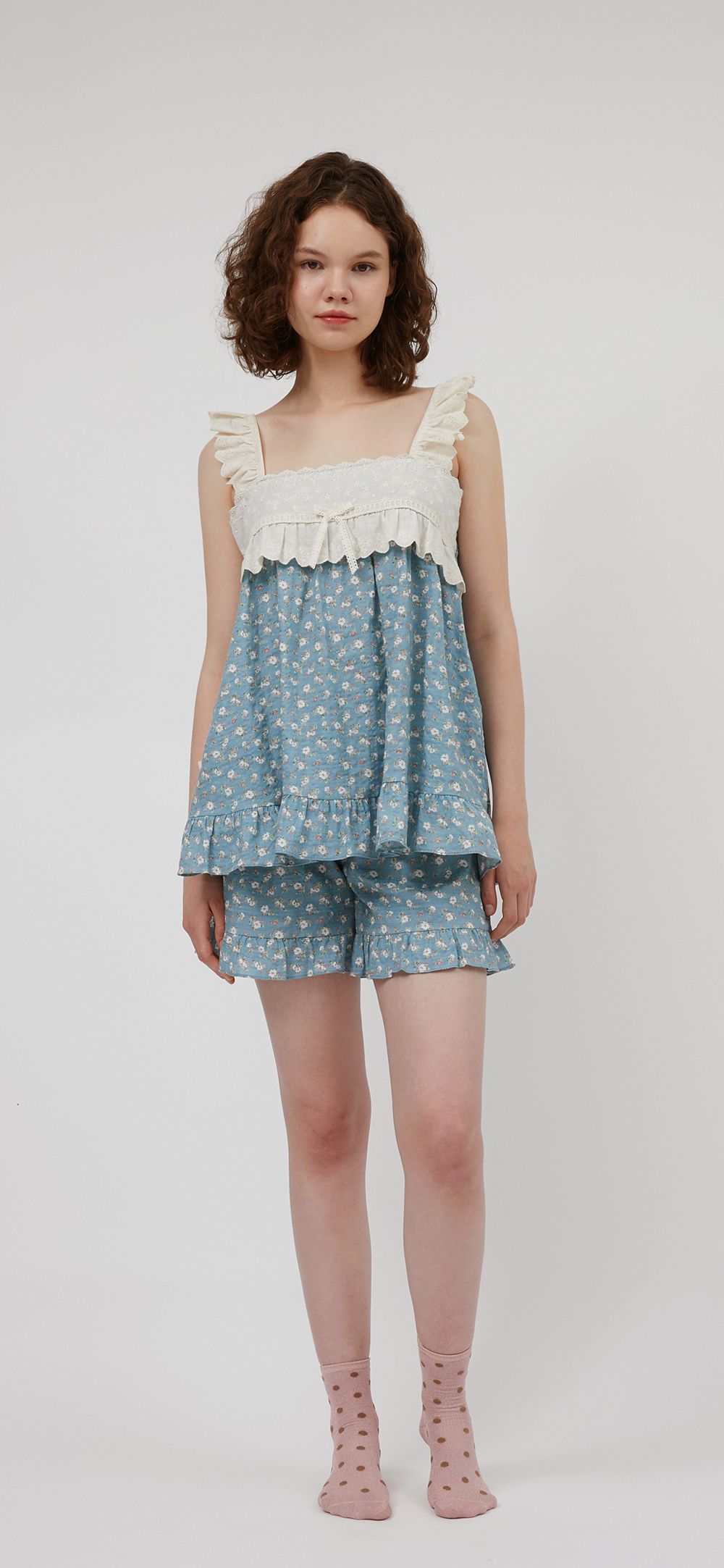 韓國 ULLALA - 蕾絲花邊無袖睡衣(兩件式)-藍 (FREE)