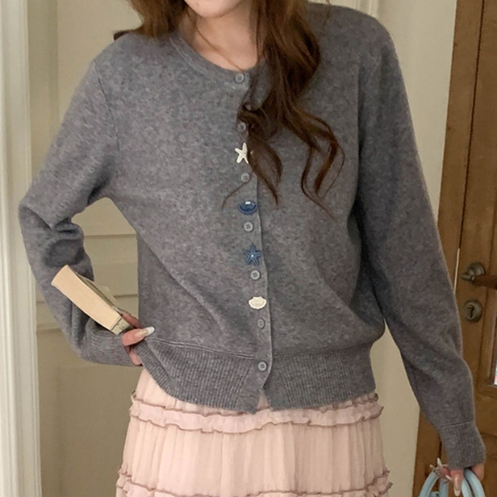 造型海星貝殼鈕釦長袖針織外套-灰 (F)