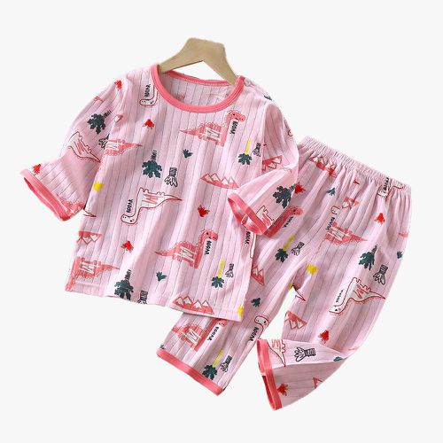 純棉網眼透氣七分袖家居服套裝-塗鴉恐龍-粉色