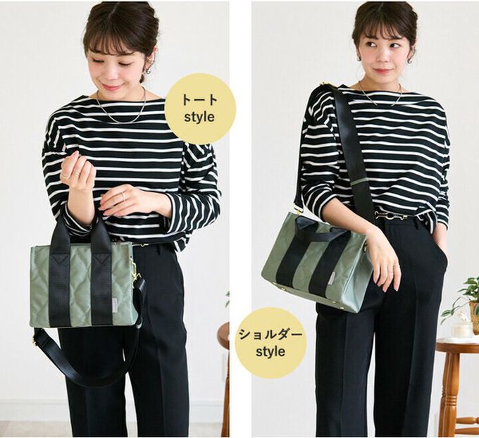 日本 LIZDAYS - 防潑水2way絎縫小巧托特包-(可裝A5)-煙燻綠x黑