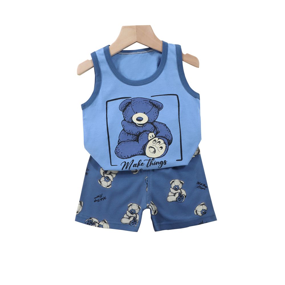 兒童純棉背心+短褲套裝 寶寶無袖上衣 寶寶短褲-開心熊