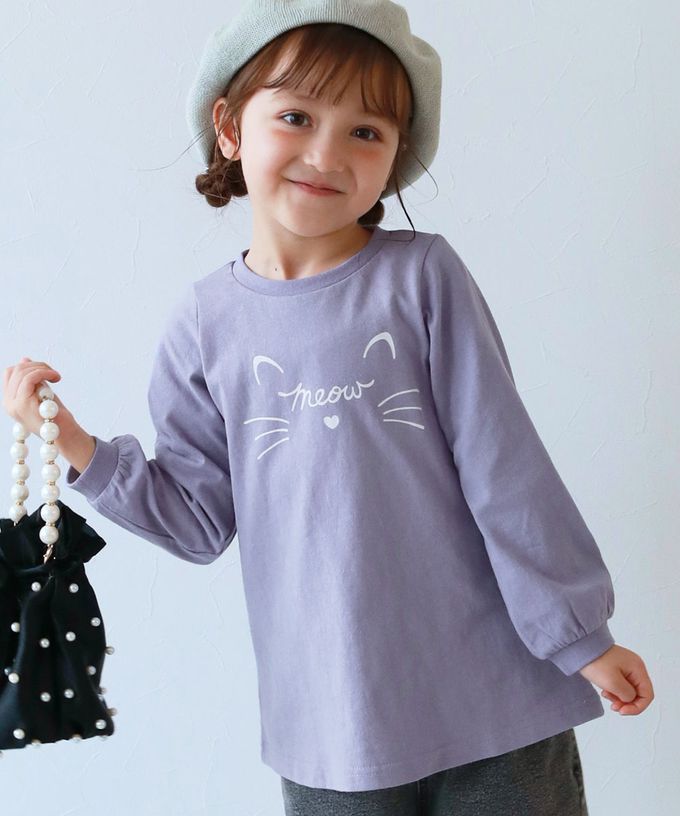 日本 devirock - 100%棉 女孩印花微長版上衣-馬卡龍-灰白