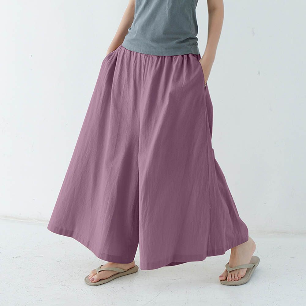 腰鬆緊百搭舒適寬褲-紫紅色