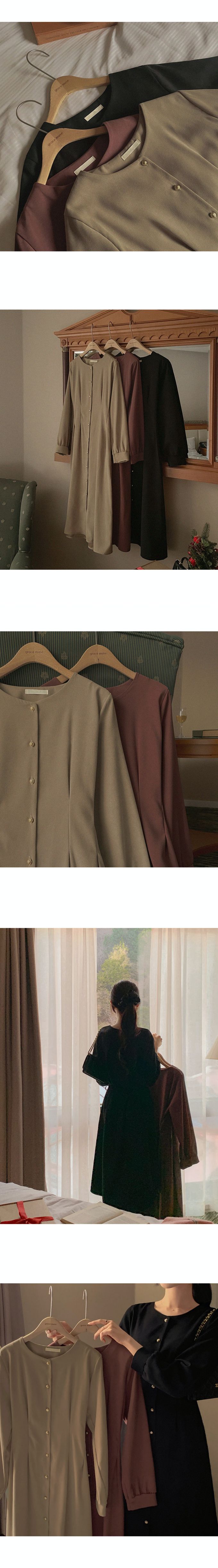 韓國女裝代購 - 霧面質感金釦點綴修飾連身洋裝-乾燥玫瑰粉 (FREE)