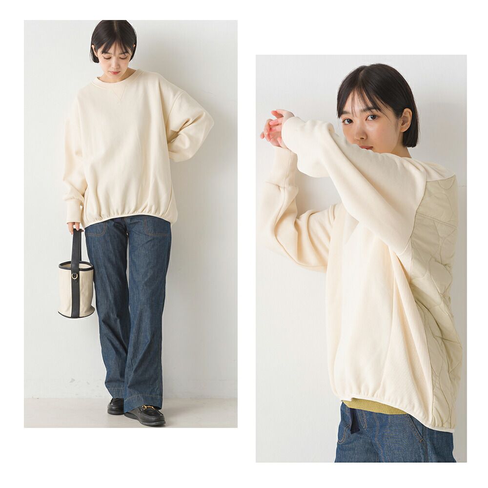 日本 OMNES - 絎縫拼接落肩長袖上衣-石墨灰