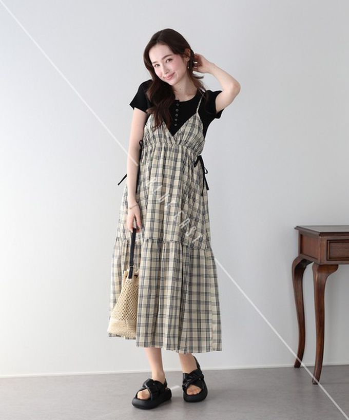 日本 BLUE EAST - 可愛格紋側蝴蝶結細肩帶洋裝-紅藍 (M)